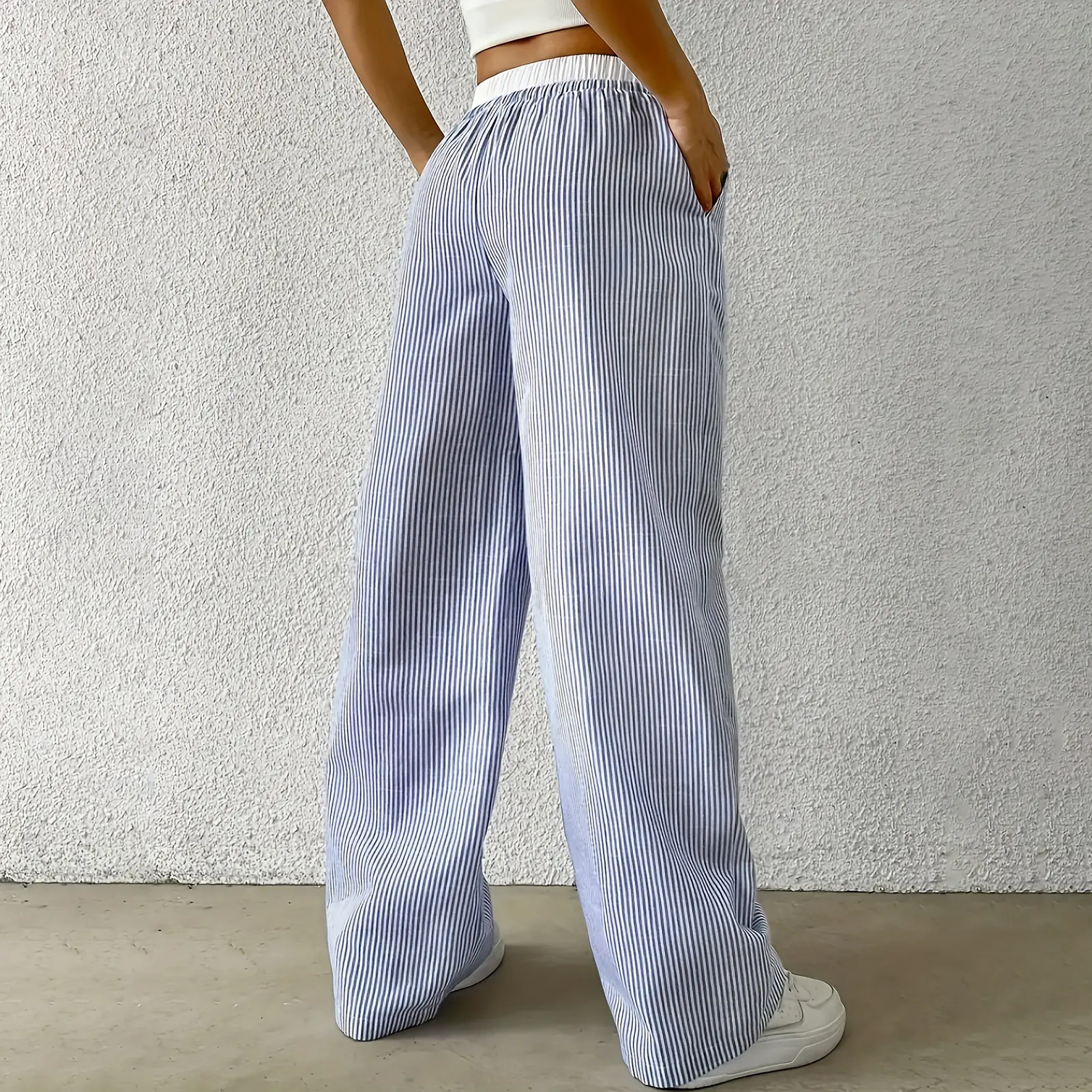 Women s Casual Striped Woven Wide Leg Pants Fall Winter 2024 Casual Stylish Full Length Trousers Clothes Streetwear