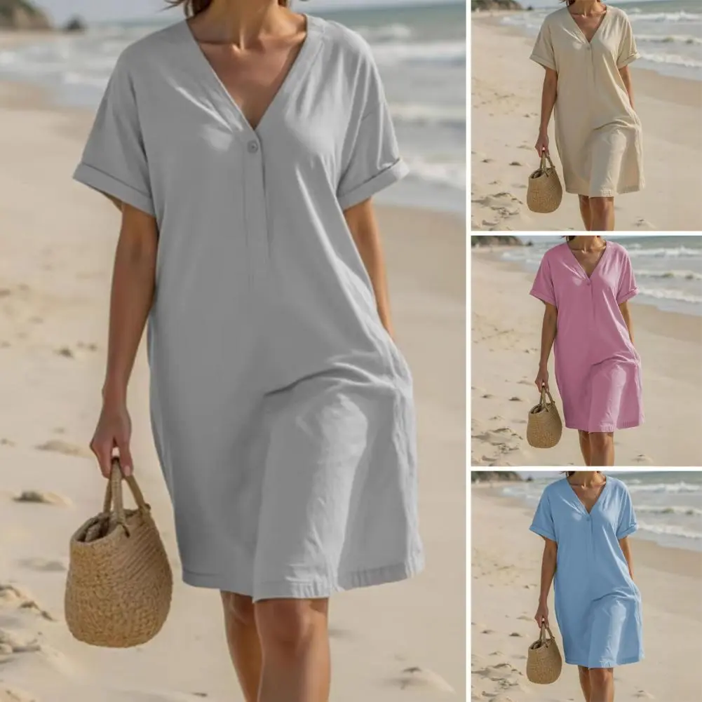 Beachwear Dresses Summer Loose Solid Color Short Sleeved V-neck Cotton Linen Dress For Women's Clothing Dress