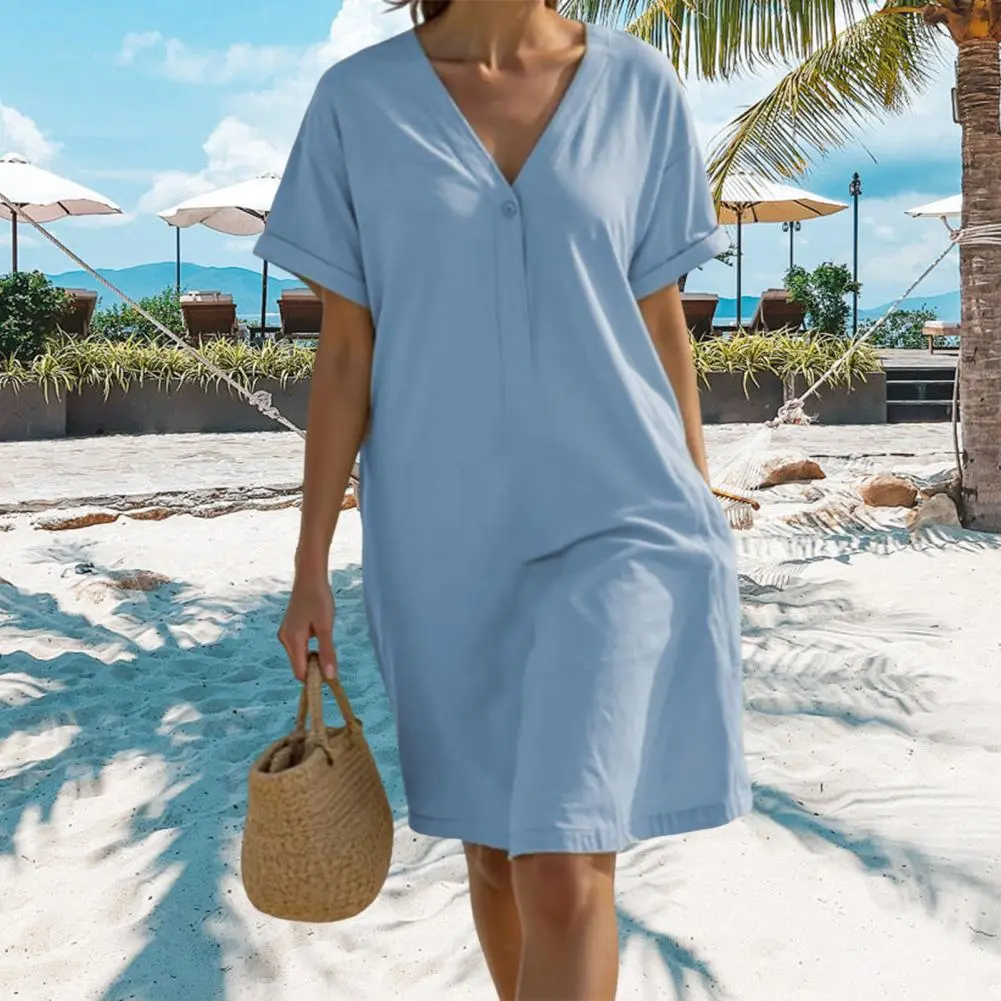 Beachwear Dresses Summer Loose Solid Color Short Sleeved V-neck Cotton Linen Dress For Women's Clothing Dress