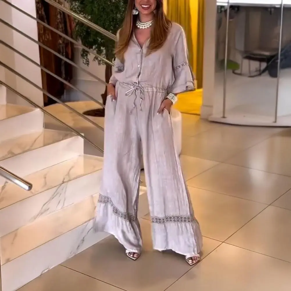 Women's Jumpsuit Solid High Waist Cinching Pockets Wide Leg Bodysuit Lady One Piece Summer Lady Streetwears