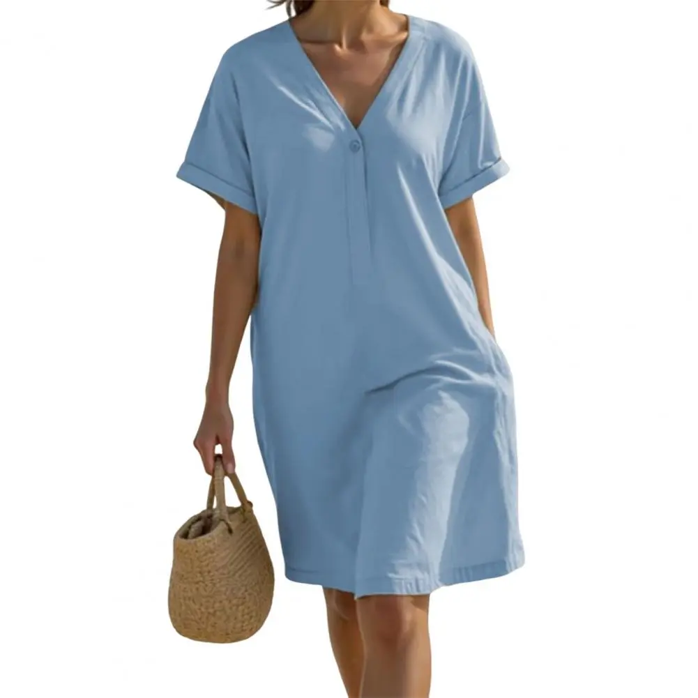 Beachwear Dresses Summer Loose Solid Color Short Sleeved V-neck Cotton Linen Dress For Women's Clothing Dress