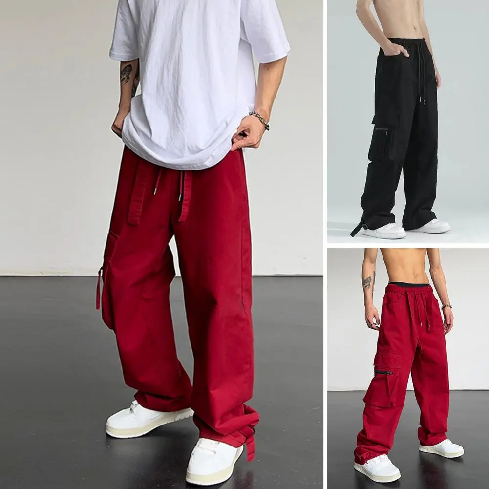 Men Bottoms Vintage Hip Hop Style Men's Cargo Pants with Big Pockets Wide Leg Design Elastic Waist Streetwear Trousers for A