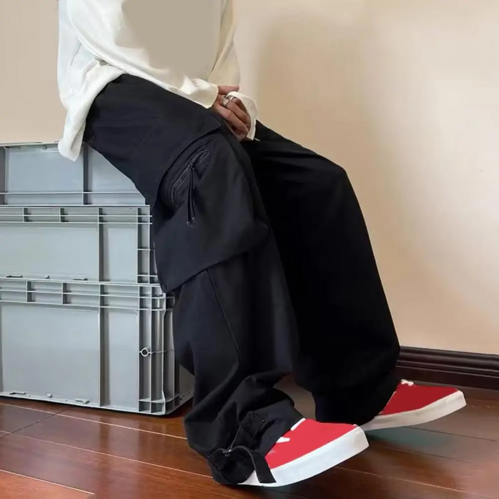 Men Bottoms Vintage Hip Hop Style Men's Cargo Pants with Big Pockets Wide Leg Design Elastic Waist Streetwear Trousers for A