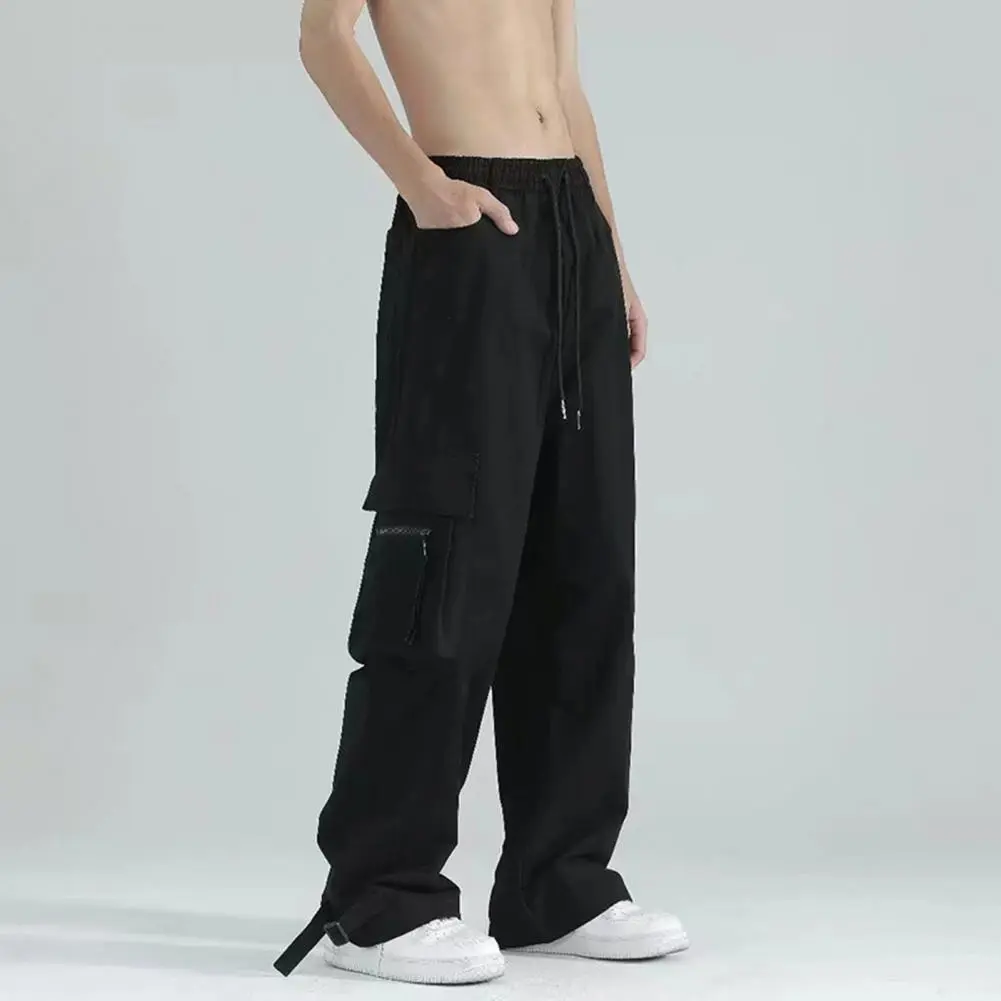 Men Bottoms Vintage Hip Hop Style Men's Cargo Pants with Big Pockets Wide Leg Design Elastic Waist Streetwear Trousers for A