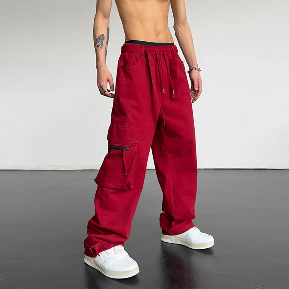 Men Bottoms Vintage Hip Hop Style Men's Cargo Pants with Big Pockets Wide Leg Design Elastic Waist Streetwear Trousers for A