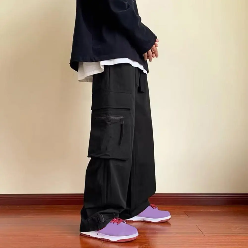 Men Bottoms Vintage Hip Hop Style Men's Cargo Pants with Big Pockets Wide Leg Design Elastic Waist Streetwear Trousers for A