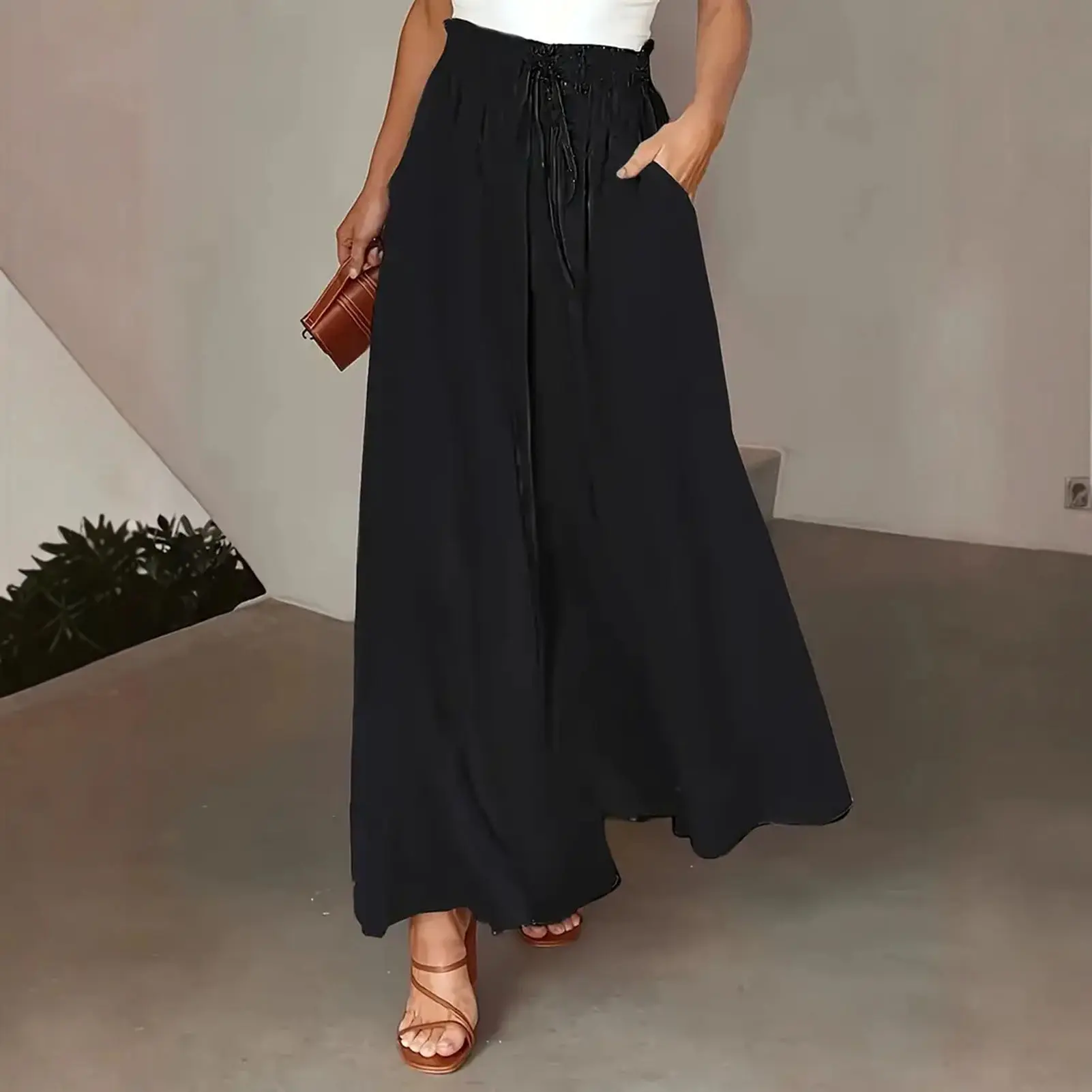 Women's Solid Color Trousers Elastic Belt Wide Leg High Waist Long Culottes vetement femme джинсы женские 2022 тр