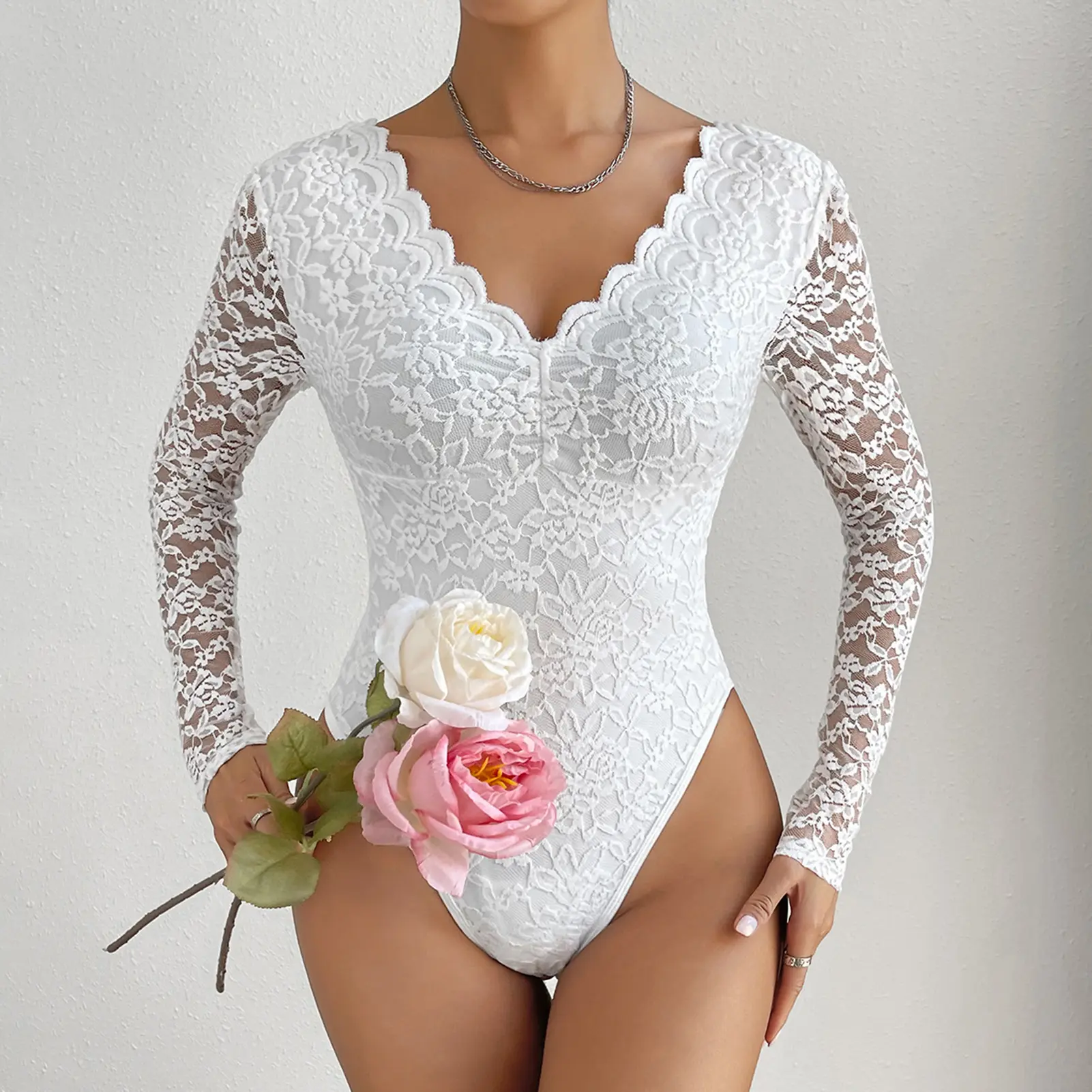 Sexy V Neck Backless Bodysuits Solid White Lace Body Feminino Short Sleeve Streetwear Club Slim Jumpsuit