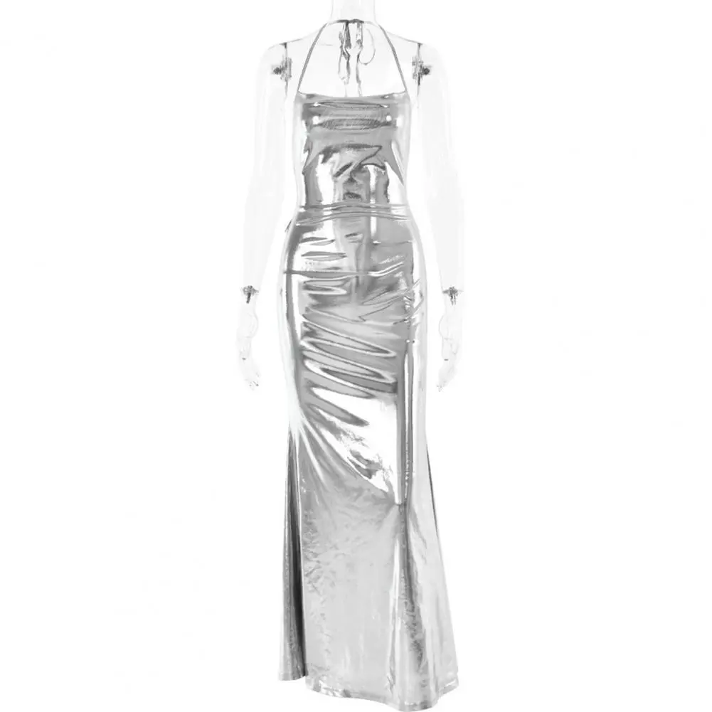 Women Backless Dress Elegant Backless Maxi Dress for Women Halter Neck Evening Gown Glossy Surface Slim Fit Party for Special