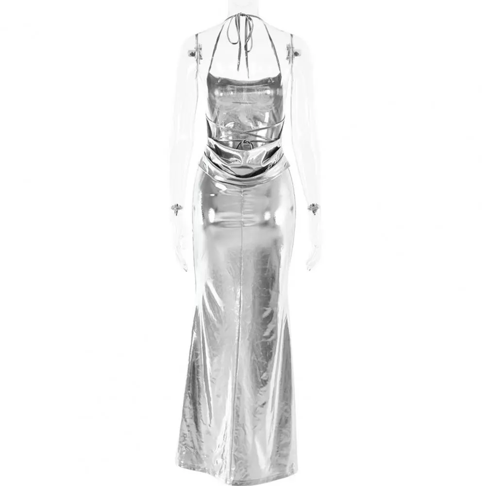 Women Backless Dress Elegant Backless Maxi Dress for Women Halter Neck Evening Gown Glossy Surface Slim Fit Party for Special