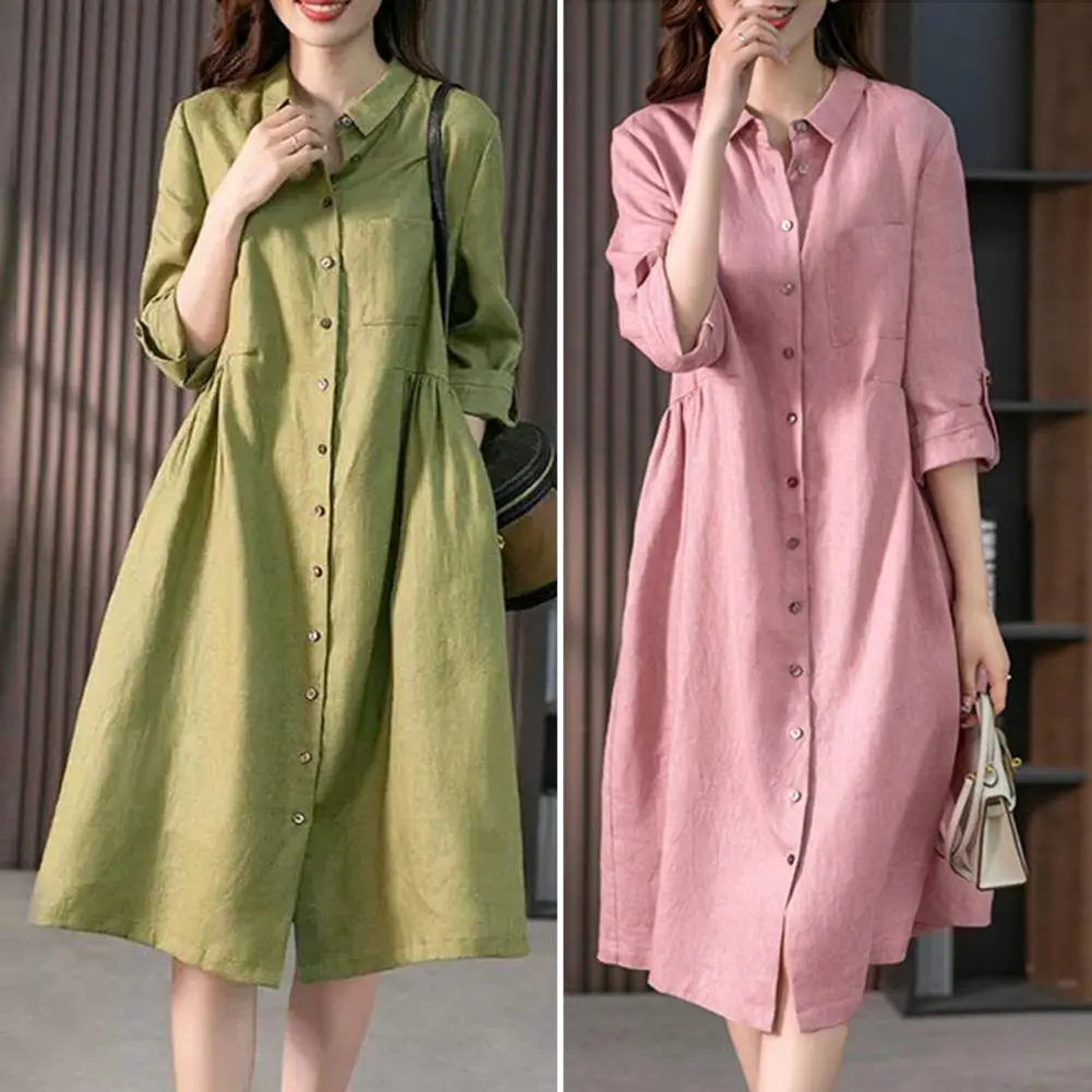 Women Fashion Shirt Dress Elegant High Waisted Lapel Neck Three Quarter Sleeve Midi Dresses 2025 Summer Solid Robes Streetwear