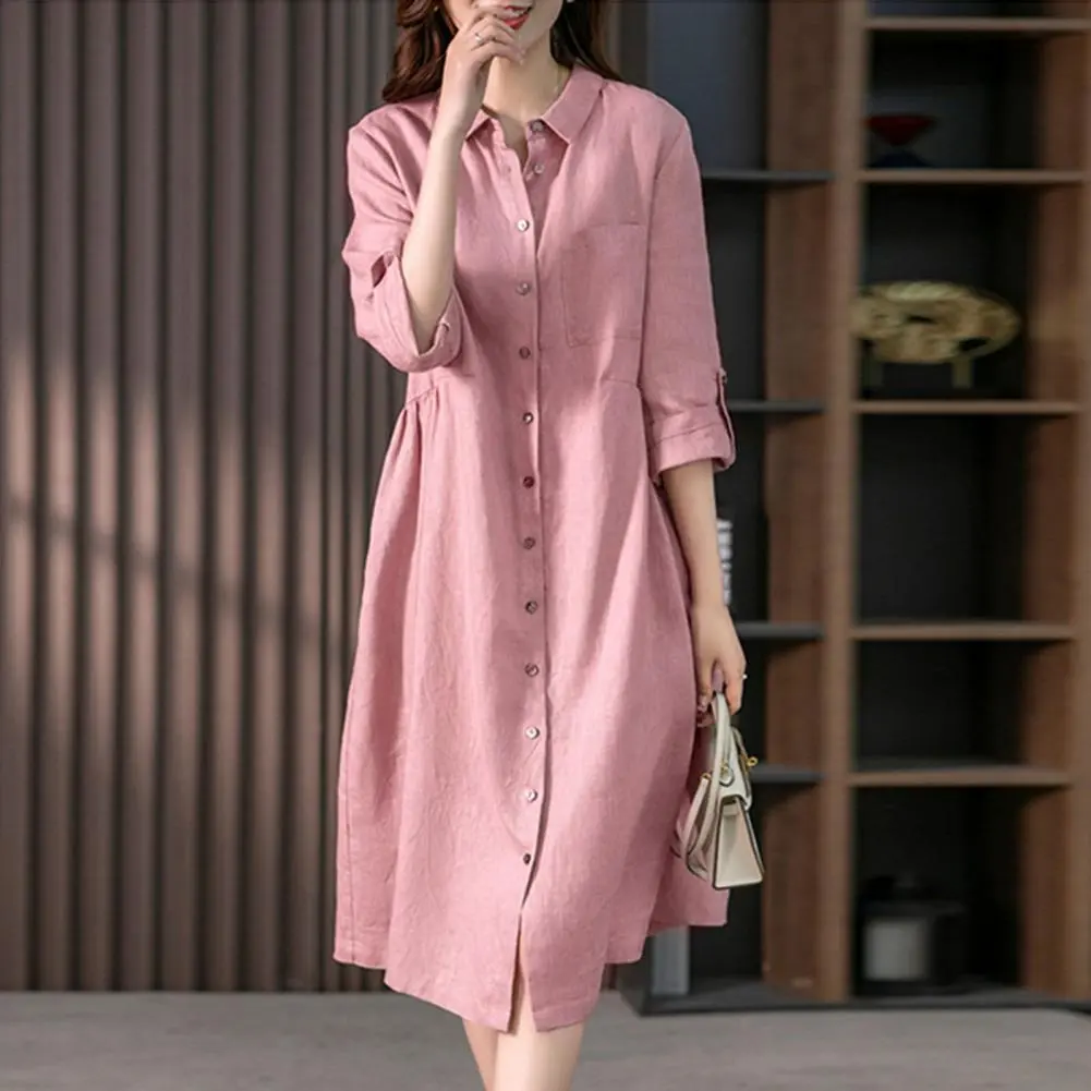 Women Fashion Shirt Dress Elegant High Waisted Lapel Neck Three Quarter Sleeve Midi Dresses 2025 Summer Solid Robes Streetwear