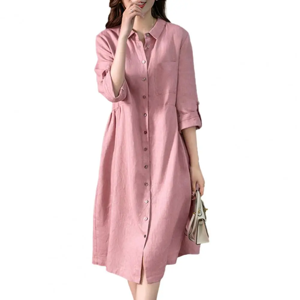 Women Fashion Shirt Dress Elegant High Waisted Lapel Neck Three Quarter Sleeve Midi Dresses 2025 Summer Solid Robes Streetwear