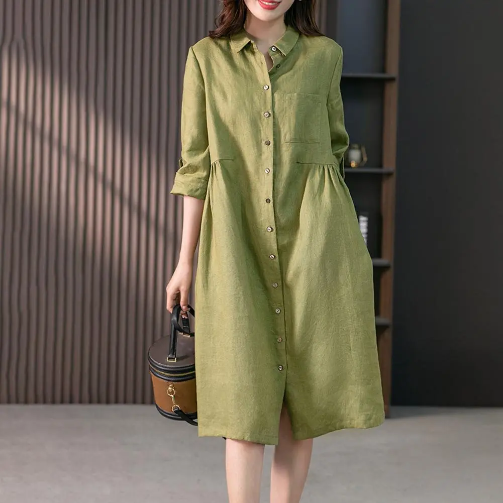 Women Fashion Shirt Dress Elegant High Waisted Lapel Neck Three Quarter Sleeve Midi Dresses 2025 Summer Solid Robes Streetwear