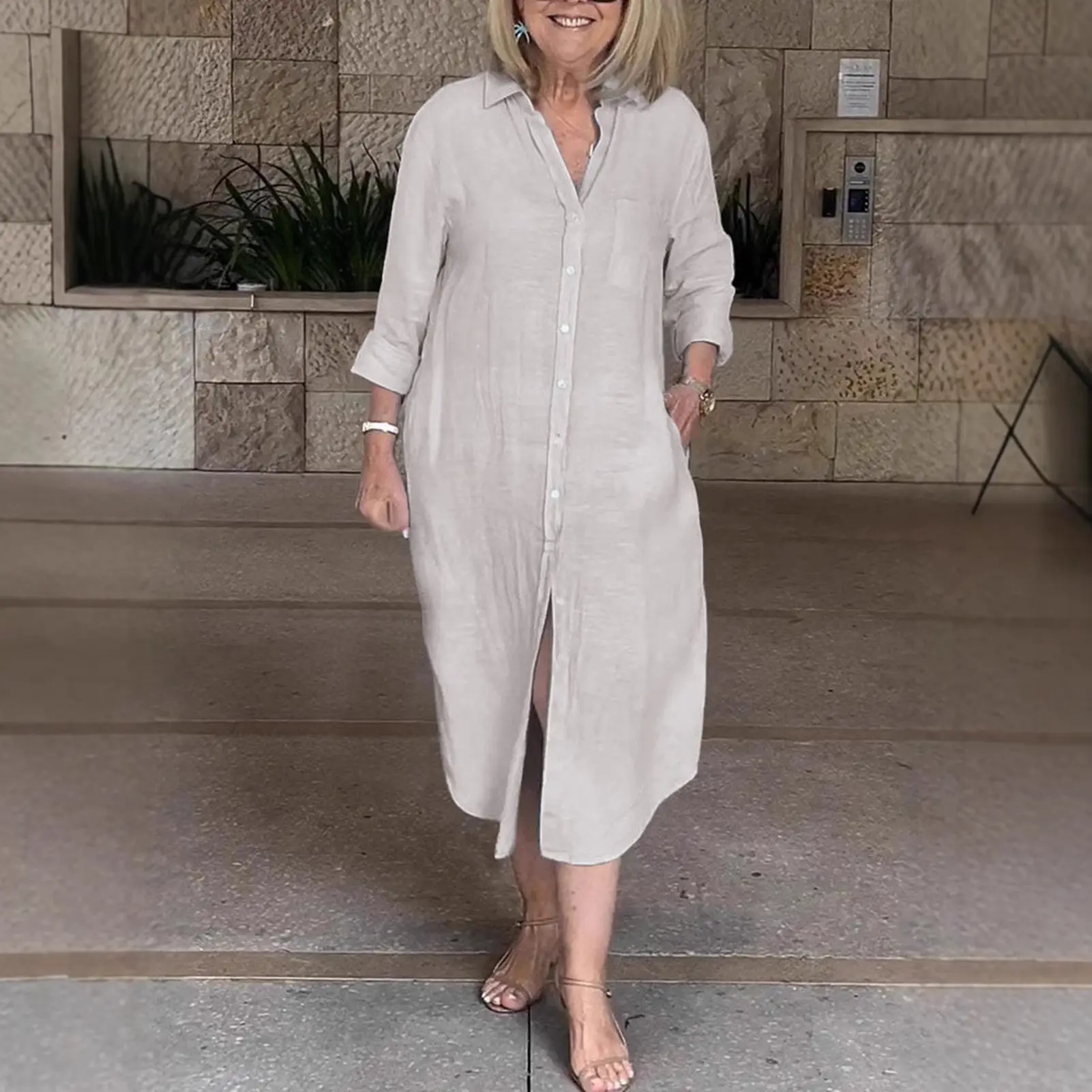 2025 Spring Cotton Linen Oversize Women Dress Black Turn-Down Collar Loose Dresses Female Elegant Casual Ladies Clothes Blouse