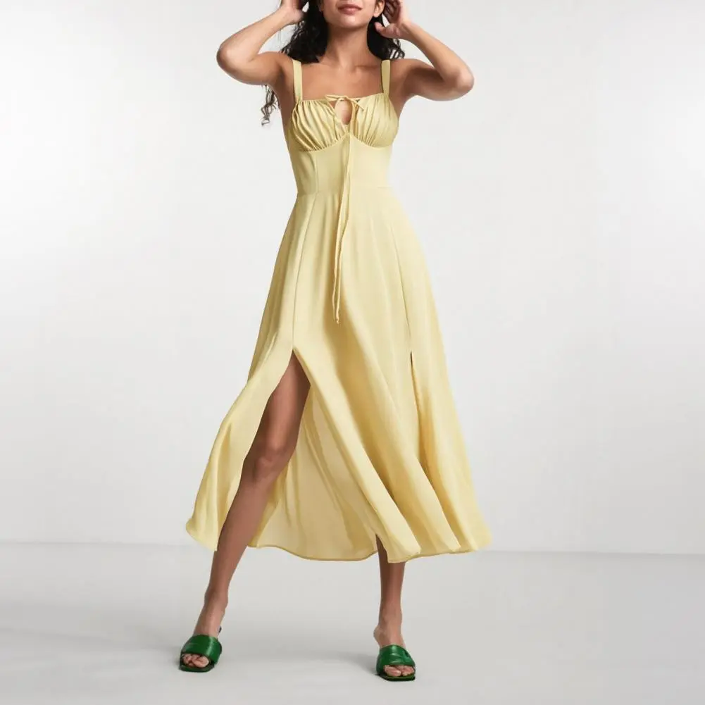 Square Cut Long Dress Bohemian Style Summer Dress with Adjustable Drawstring Corset Side Zipper Versatile Square Cut Midi Dress