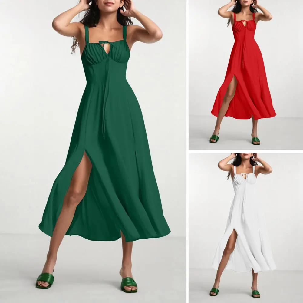 Square Cut Long Dress Bohemian Style Summer Dress with Adjustable Drawstring Corset Side Zipper Versatile Square Cut Midi Dress