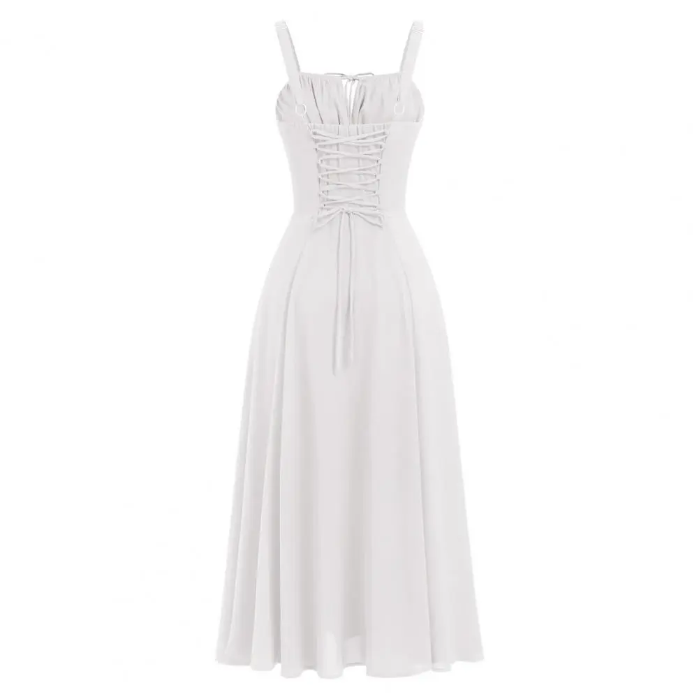 Square Cut Long Dress Bohemian Style Summer Dress with Adjustable Drawstring Corset Side Zipper Versatile Square Cut Midi Dress