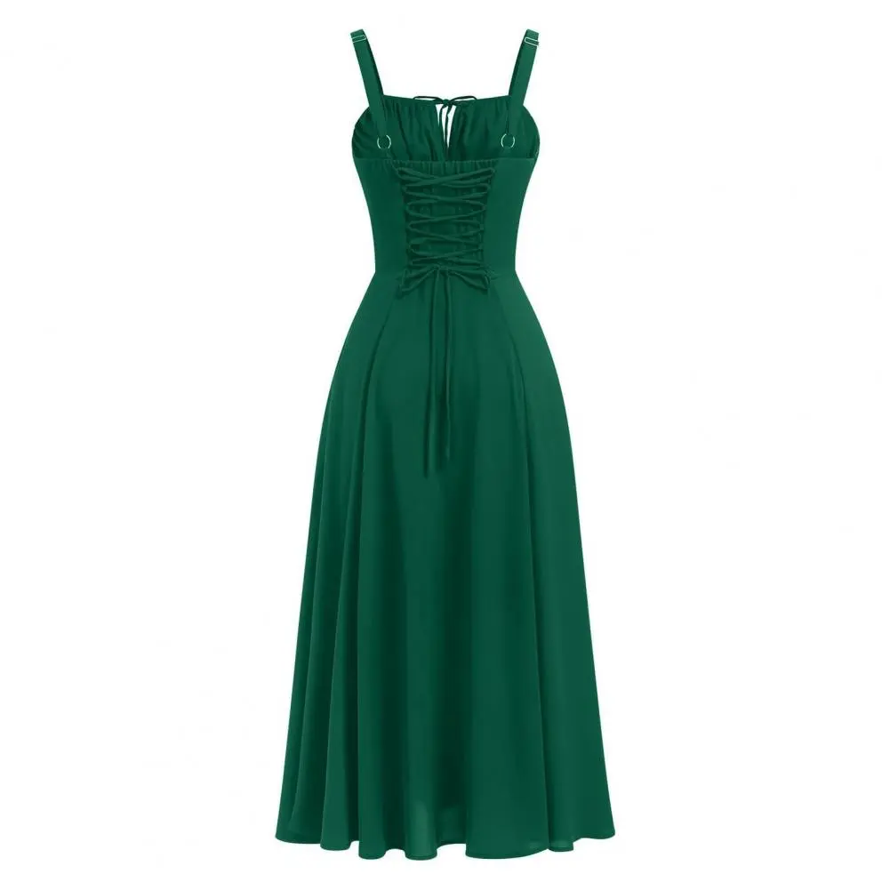 Square Cut Long Dress Bohemian Style Summer Dress with Adjustable Drawstring Corset Side Zipper Versatile Square Cut Midi Dress