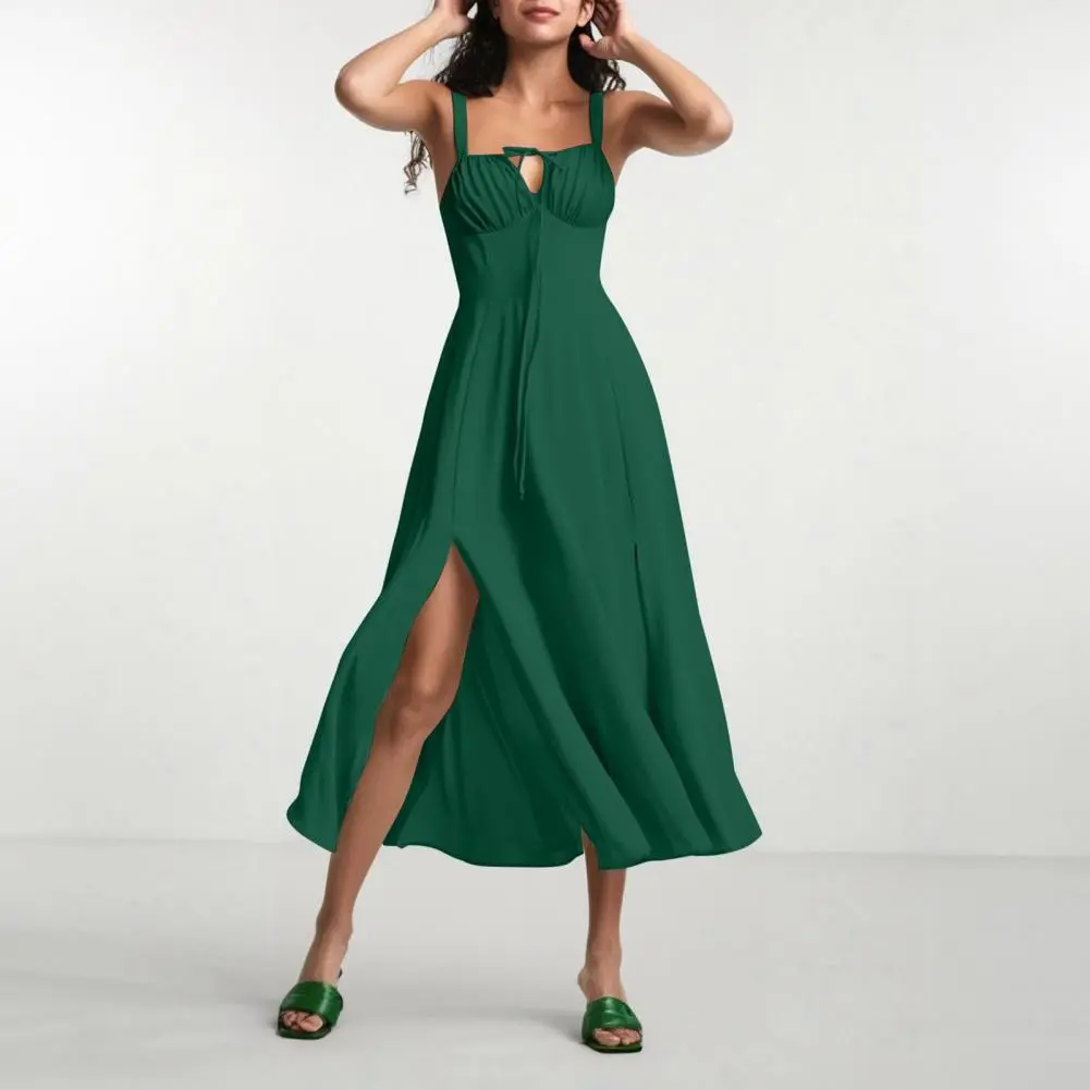 Square Cut Long Dress Bohemian Style Summer Dress with Adjustable Drawstring Corset Side Zipper Versatile Square Cut Midi Dress