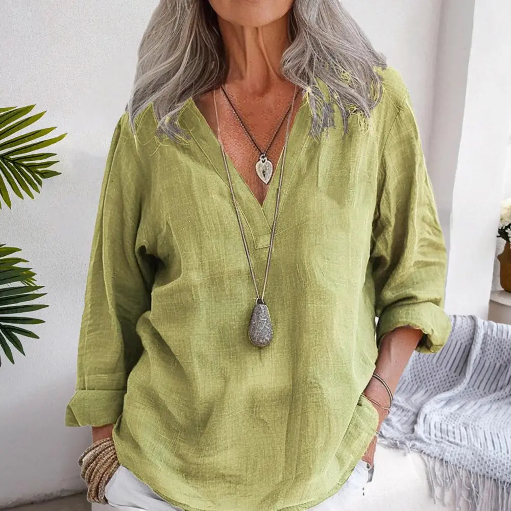 Solid Casual Loose Shirts Women Summer Vintage Plus Size Tops Oversized T-Shirts Fashion Cotton Linen Long Sleeve Blouses 2XL