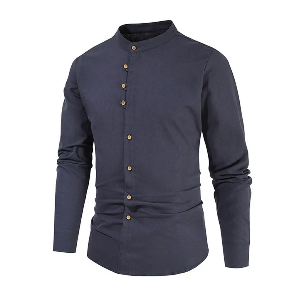 Band Collar Beach Shirts Men's Casual Linen Cotton Shirts Long Sleeve Button Down Solid Color Tops for Beach Streetwear Fashion