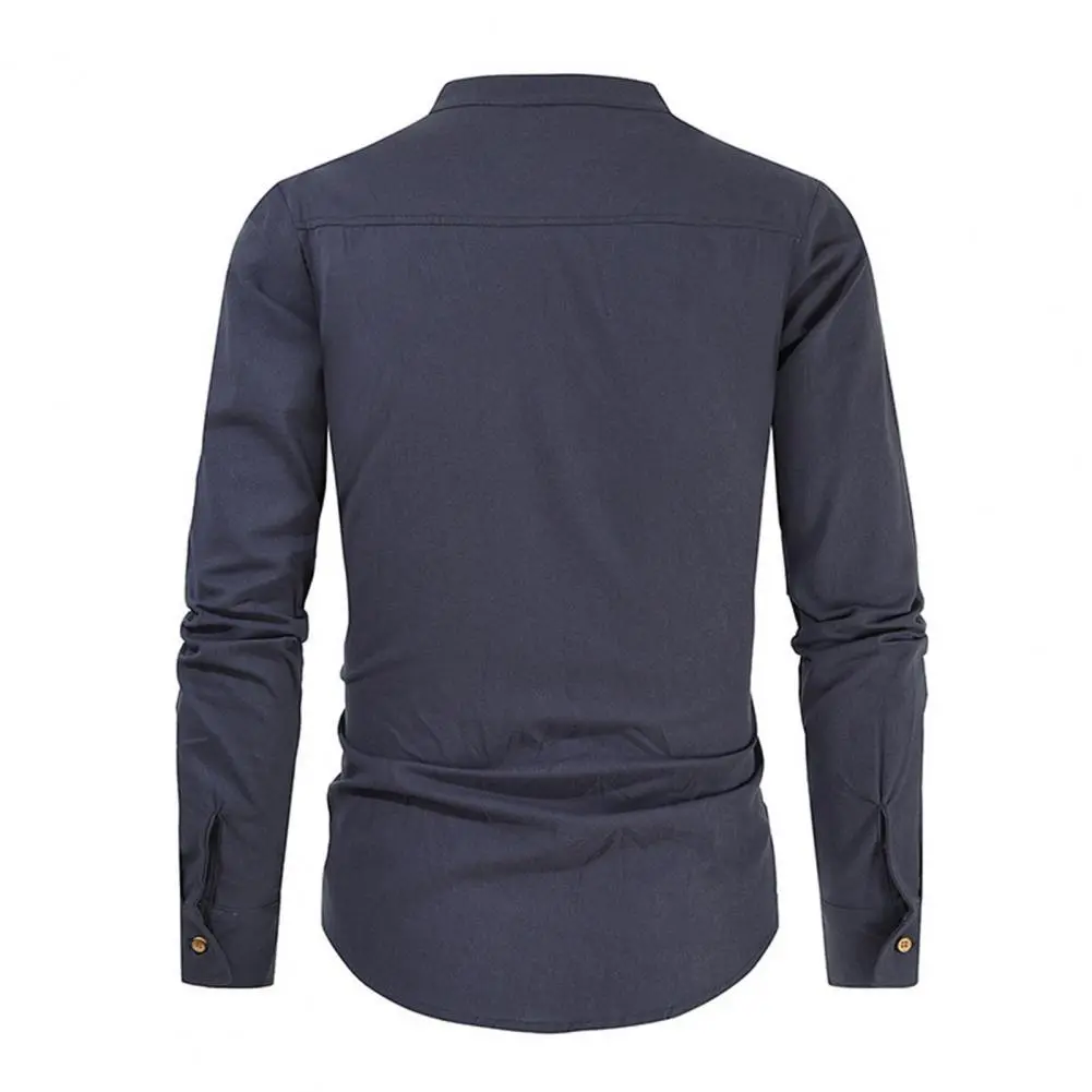 Band Collar Beach Shirts Men's Casual Linen Cotton Shirts Long Sleeve Button Down Solid Color Tops for Beach Streetwear Fashion