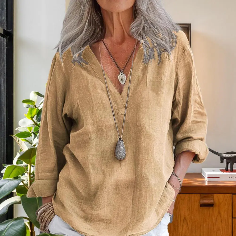 Solid Casual Loose Shirts Women Summer Vintage Plus Size Tops Oversized T-Shirts Fashion Cotton Linen Long Sleeve Blouses 2XL