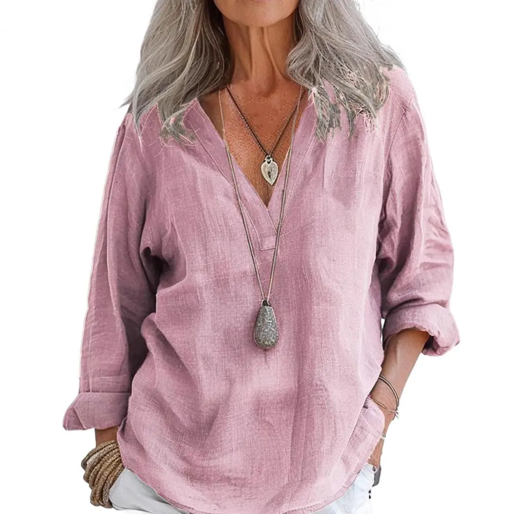Solid Casual Loose Shirts Women Summer Vintage Plus Size Tops Oversized T-Shirts Fashion Cotton Linen Long Sleeve Blouses 2XL