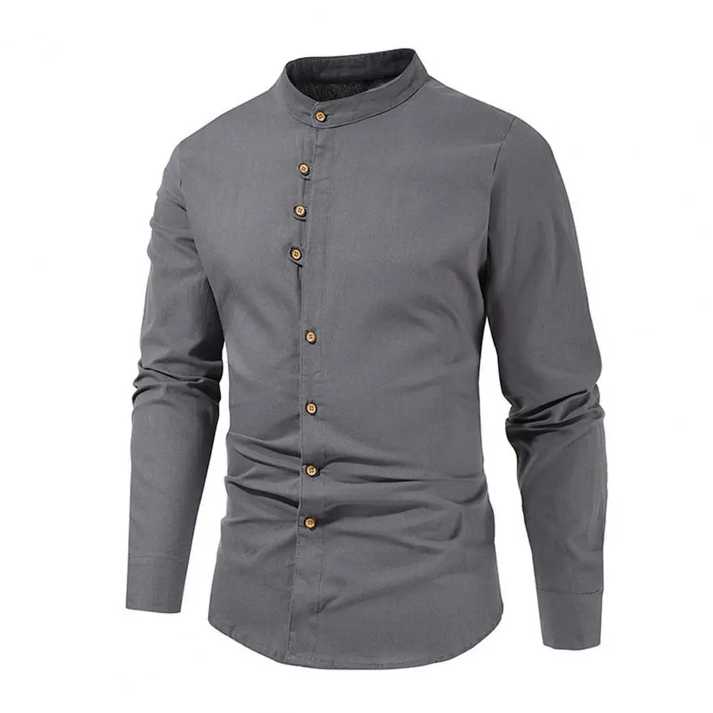 Band Collar Beach Shirts Men's Casual Linen Cotton Shirts Long Sleeve Button Down Solid Color Tops for Beach Streetwear Fashion