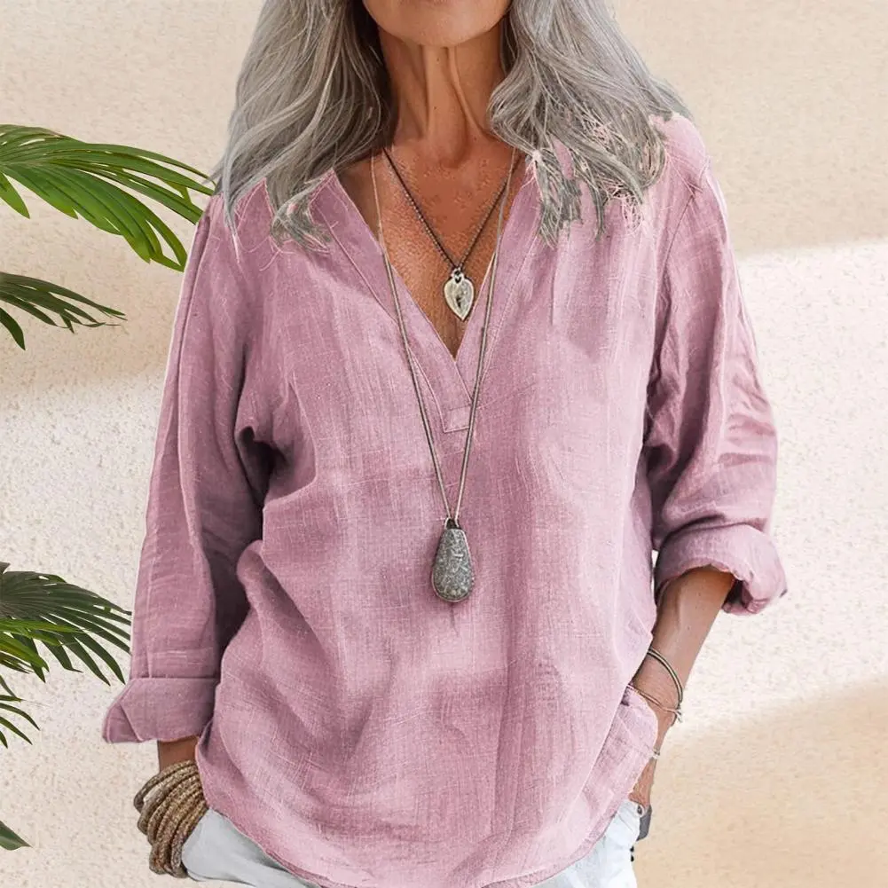 Solid Casual Loose Shirts Women Summer Vintage Plus Size Tops Oversized T-Shirts Fashion Cotton Linen Long Sleeve Blouses 2XL
