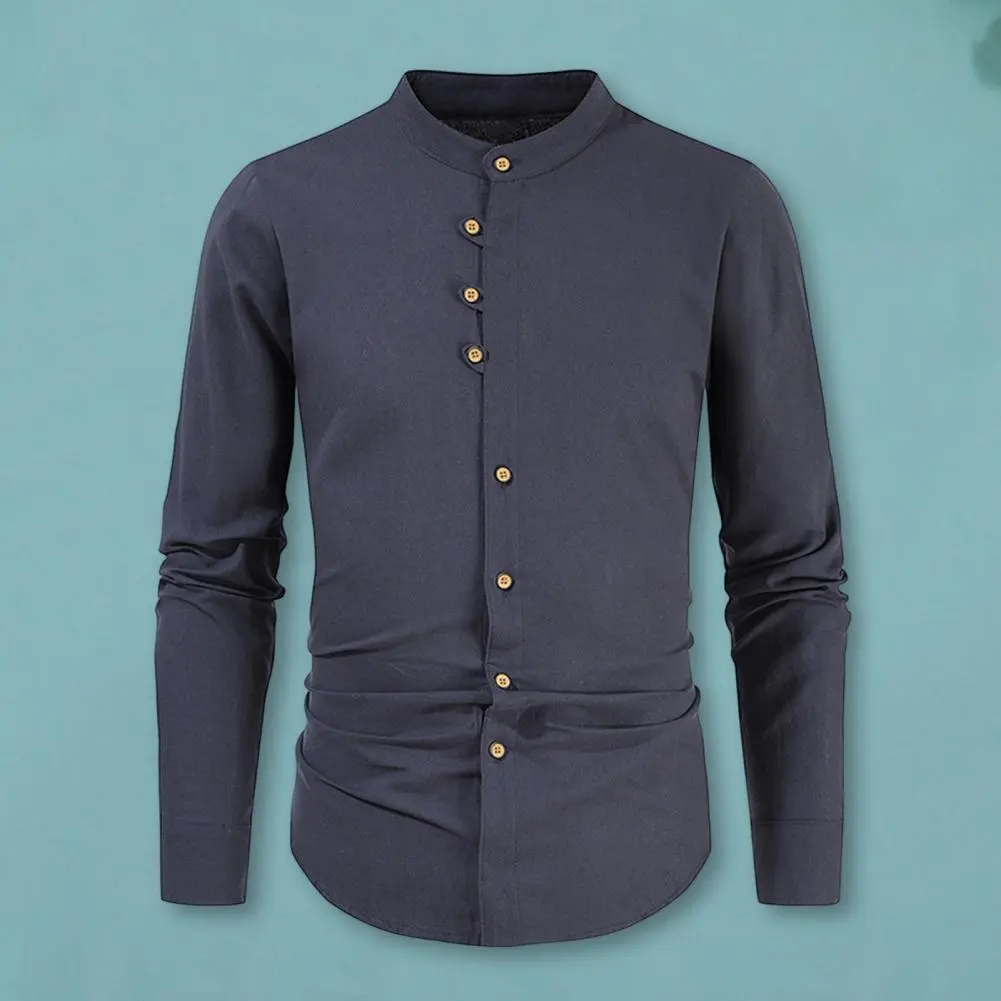 Band Collar Beach Shirts Men's Casual Linen Cotton Shirts Long Sleeve Button Down Solid Color Tops for Beach Streetwear Fashion