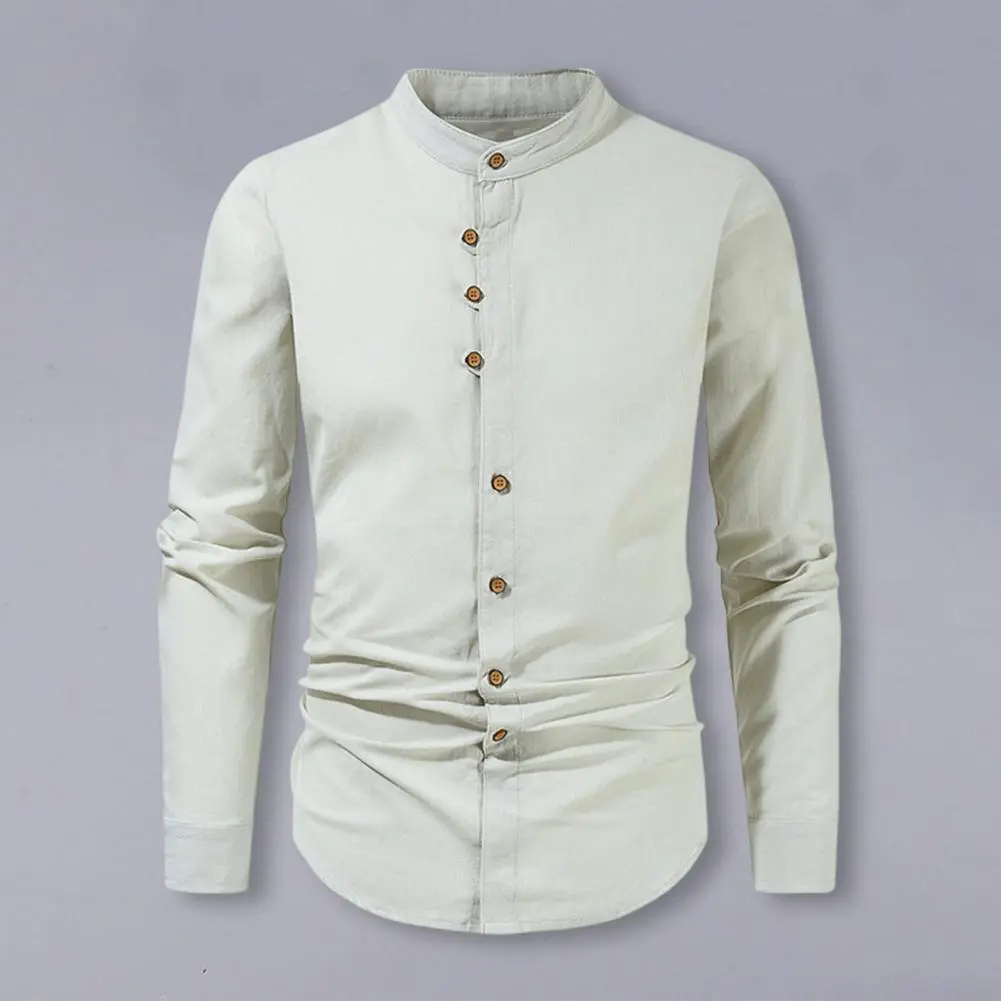 Band Collar Beach Shirts Men's Casual Linen Cotton Shirts Long Sleeve Button Down Solid Color Tops for Beach Streetwear Fashion