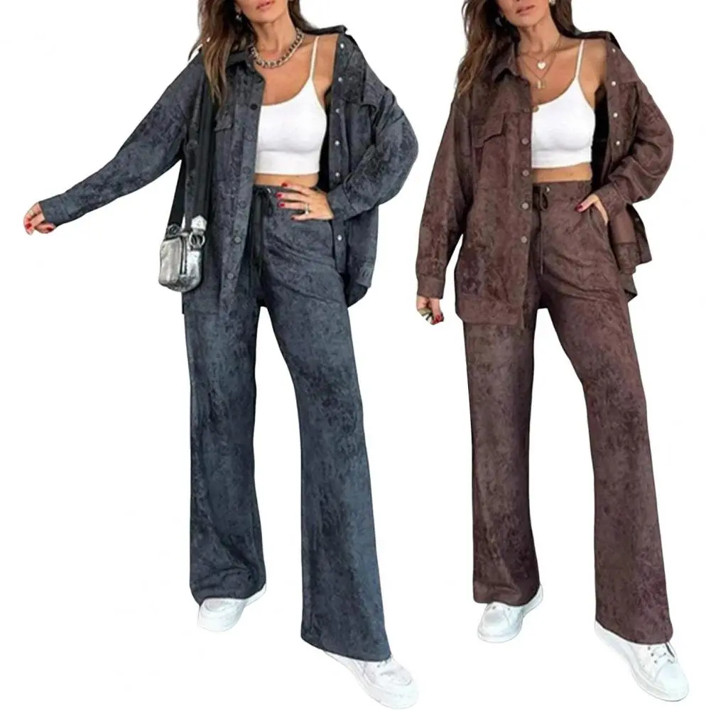 Women's Solid Button Front Shirt & Tie Front Wide Leg Pants Two-piece Set, Casual Drop Shoulder Long Sleeve Blouse Top & Trouser