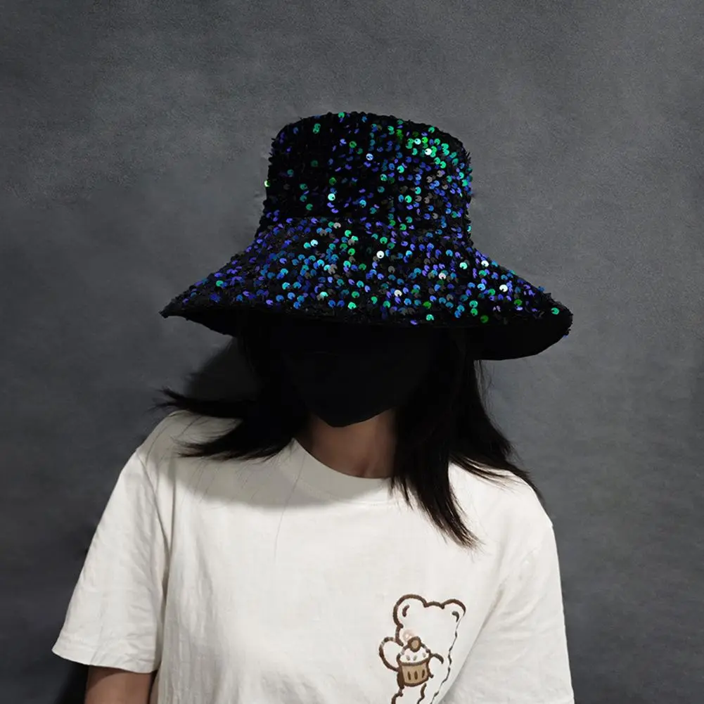 Sequin Polyester Hat Sequin Bucket Hat for Women Glitter Bling Disco Cap Fashionable Street Style Fisherman Hat for Outdoor