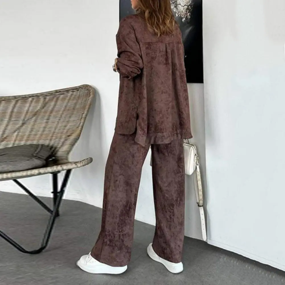 Women's Solid Button Front Shirt & Tie Front Wide Leg Pants Two-piece Set, Casual Drop Shoulder Long Sleeve Blouse Top & Trouser