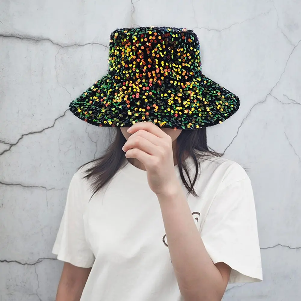 Sequin Polyester Hat Sequin Bucket Hat for Women Glitter Bling Disco Cap Fashionable Street Style Fisherman Hat for Outdoor