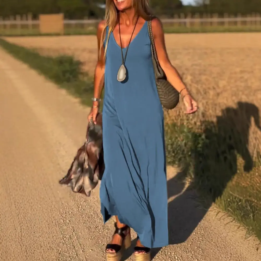 Beach Hot Sexy Solid Color Big Hem Cami Dress, Sexy Sleeveless Spaghetti Strap Loose Maxi Dress, Women's Clothing