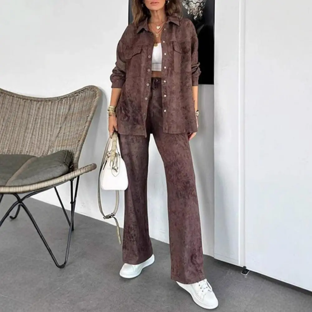 Women's Solid Button Front Shirt & Tie Front Wide Leg Pants Two-piece Set, Casual Drop Shoulder Long Sleeve Blouse Top & Trouser