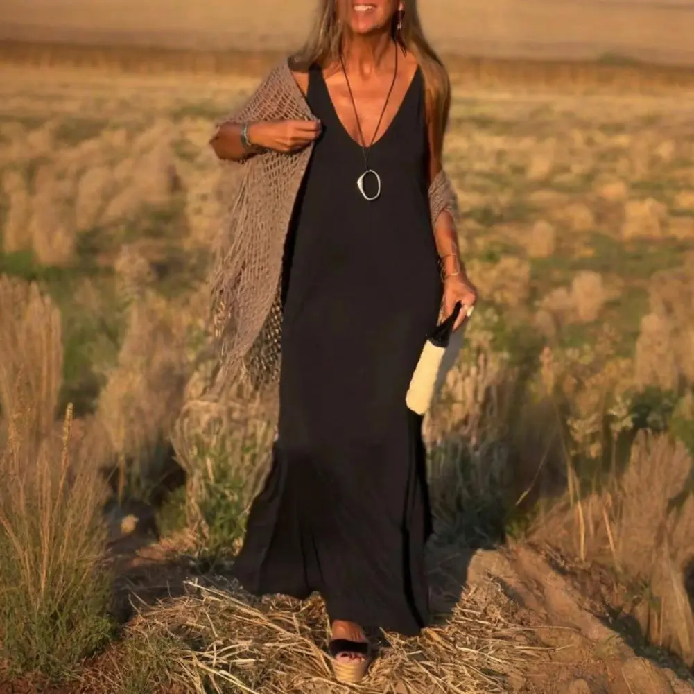 Beach Hot Sexy Solid Color Big Hem Cami Dress, Sexy Sleeveless Spaghetti Strap Loose Maxi Dress, Women's Clothing