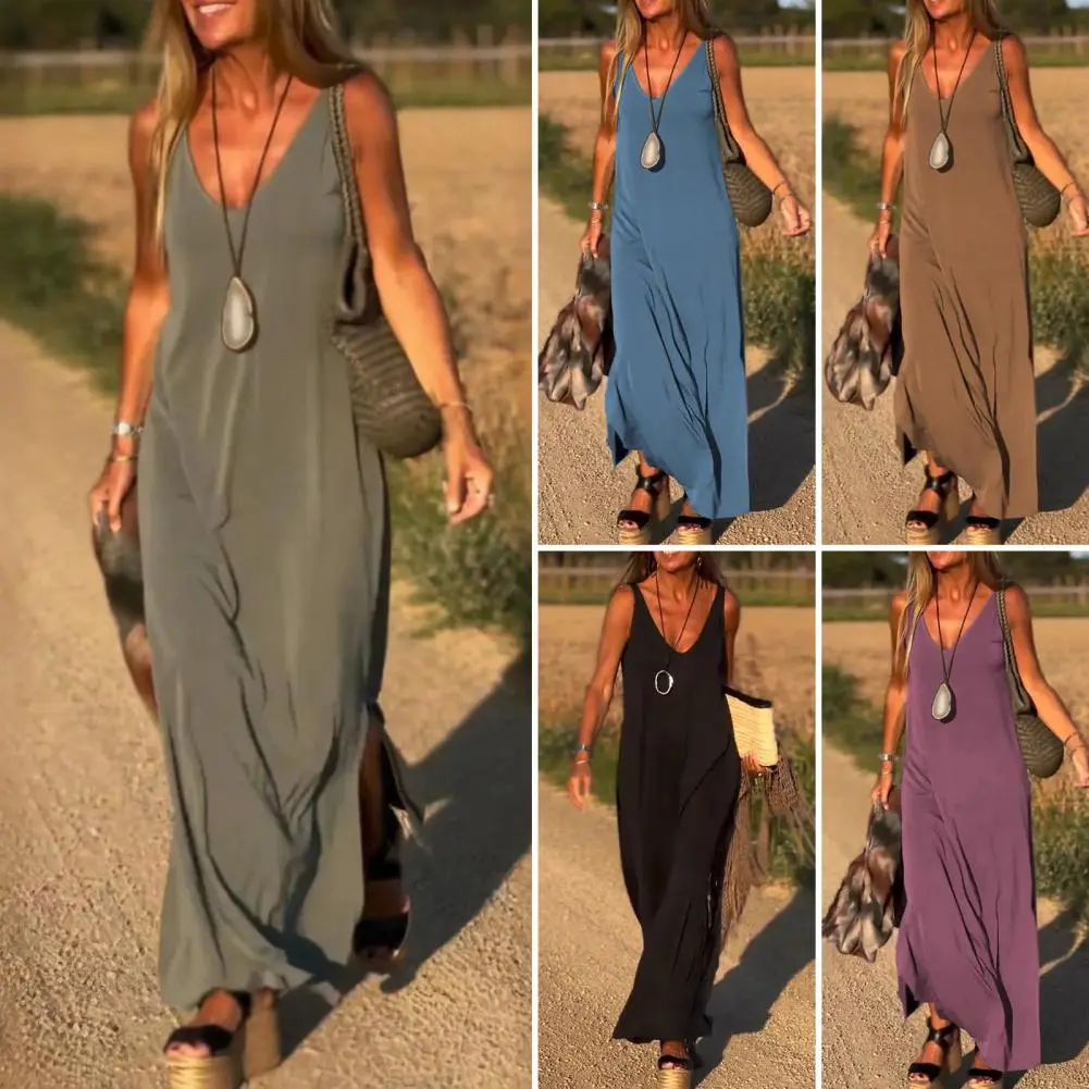 Beach Hot Sexy Solid Color Big Hem Cami Dress, Sexy Sleeveless Spaghetti Strap Loose Maxi Dress, Women's Clothing