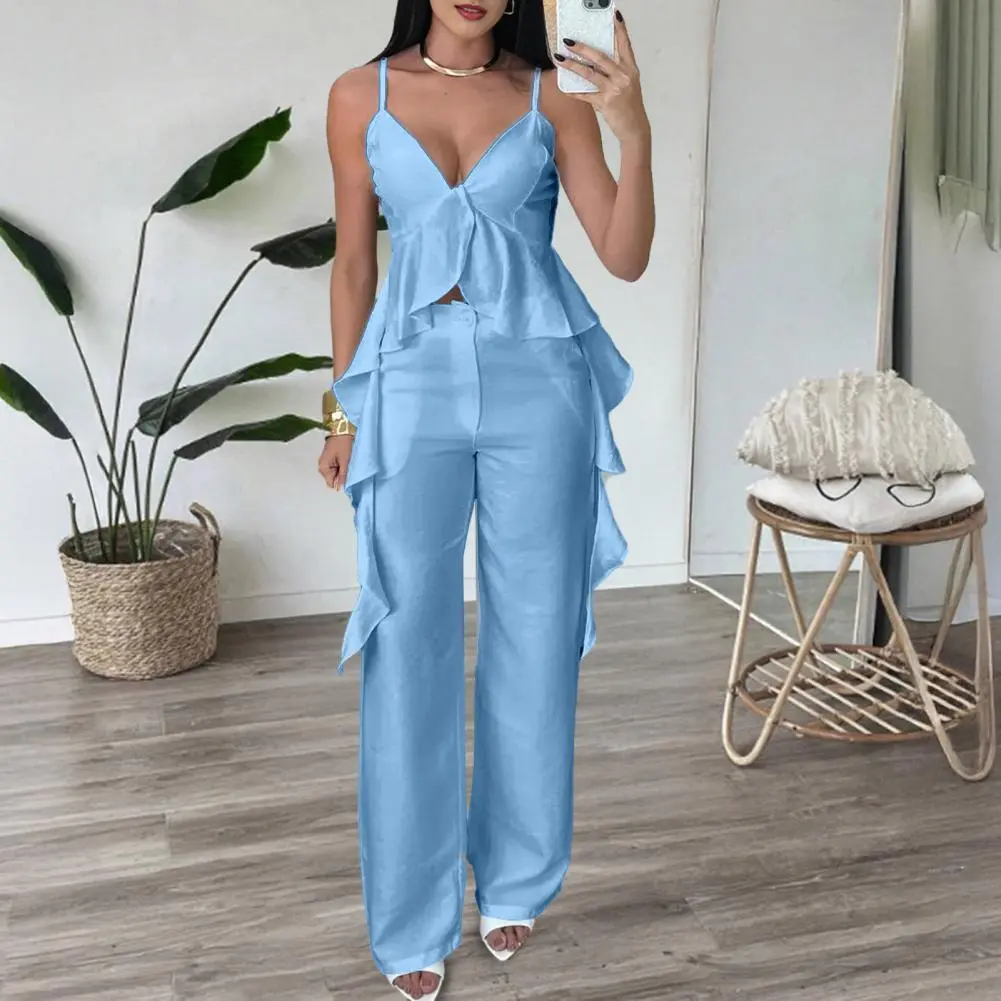 Elegant Pleated Tank Top Pants Sets Women Sleeveless Ruffles O-Neck Tops High Waist Wide Leg Pant 2025 Summer Lady Streetwear