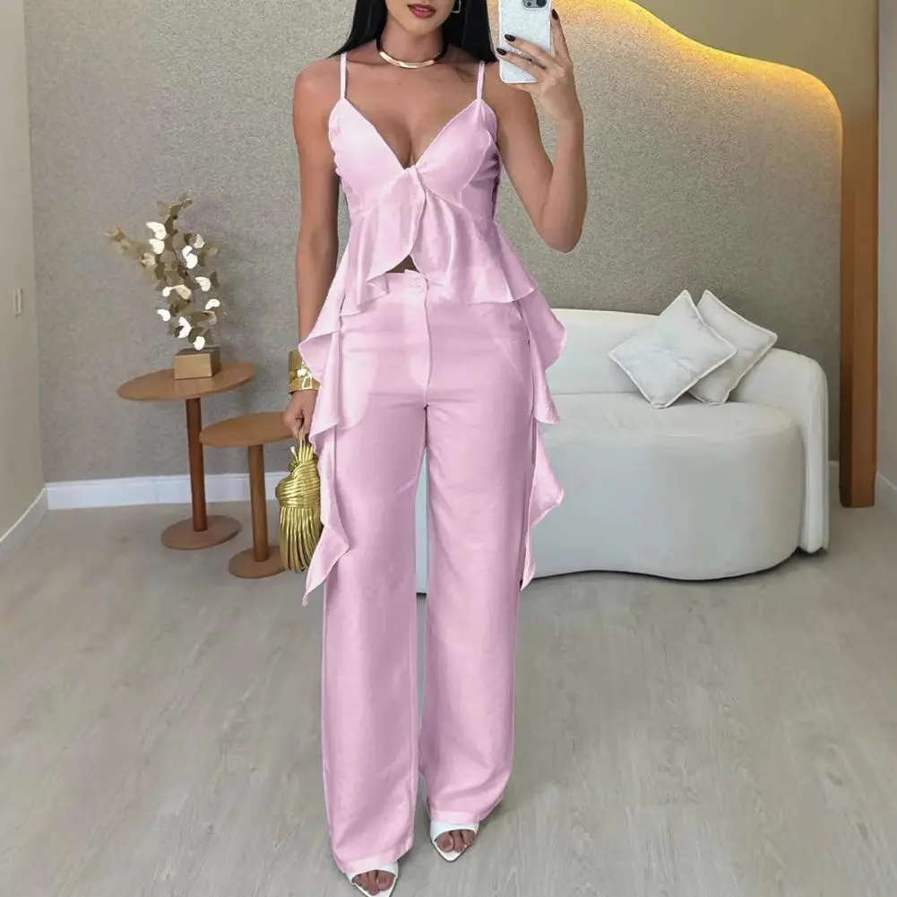 Elegant Pleated Tank Top Pants Sets Women Sleeveless Ruffles O-Neck Tops High Waist Wide Leg Pant 2025 Summer Lady Streetwear
