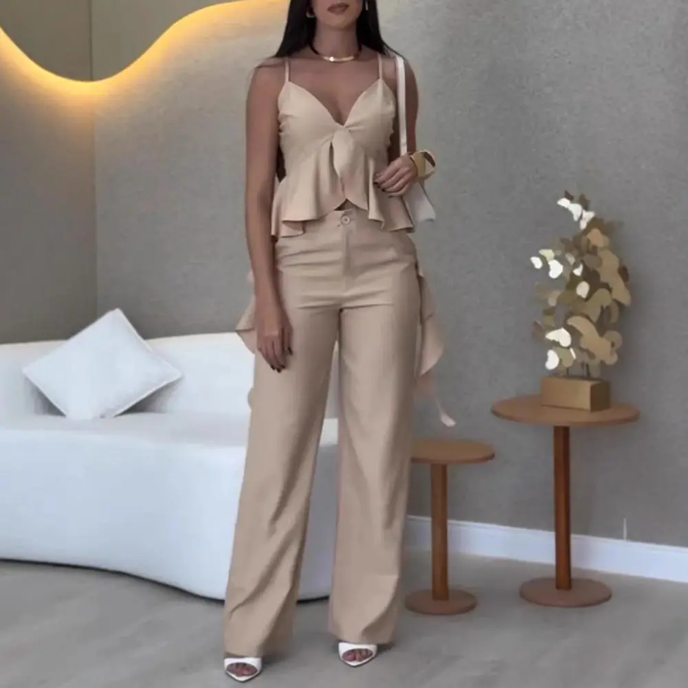 Elegant Pleated Tank Top Pants Sets Women Sleeveless Ruffles O-Neck Tops High Waist Wide Leg Pant 2025 Summer Lady Streetwear