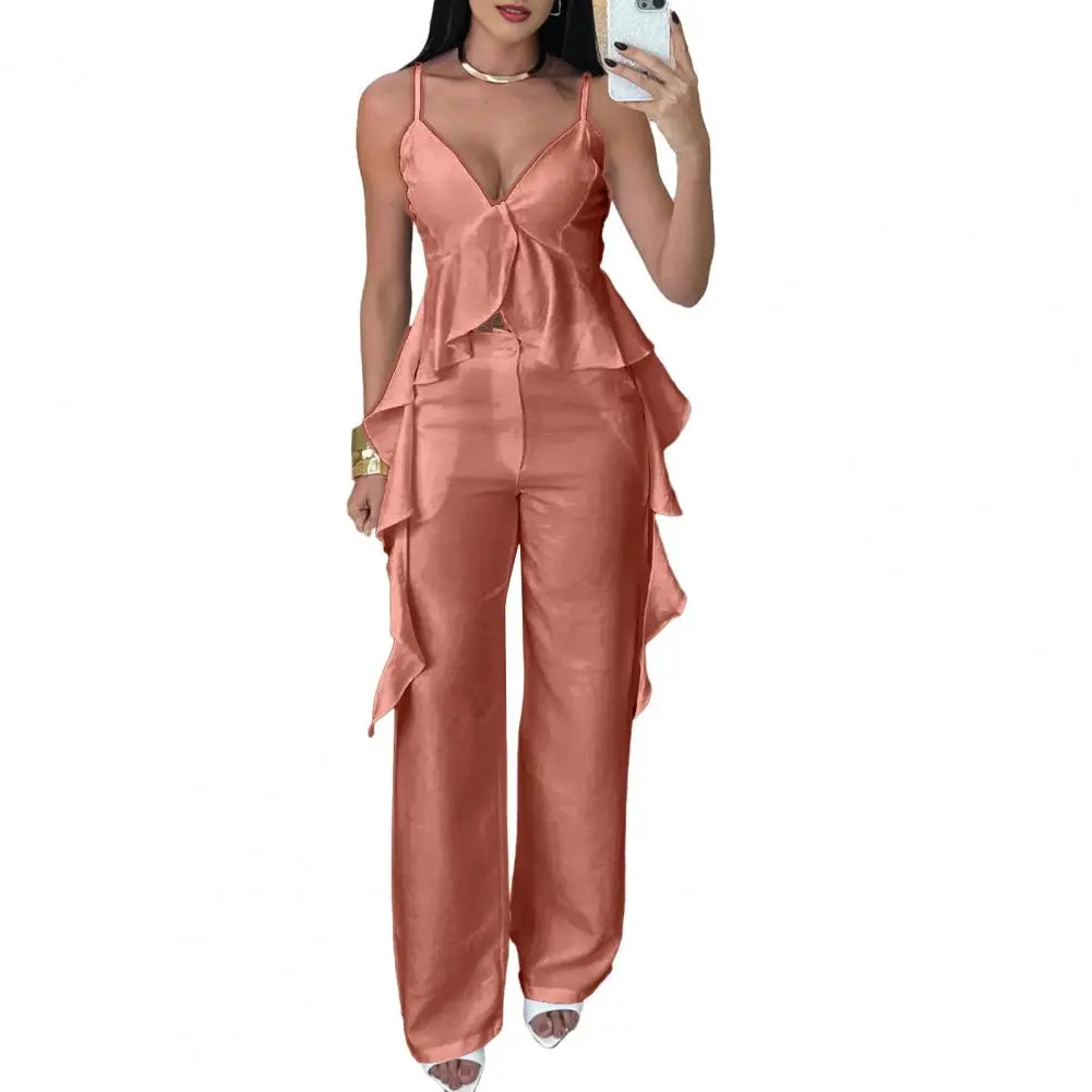 Elegant Pleated Tank Top Pants Sets Women Sleeveless Ruffles O-Neck Tops High Waist Wide Leg Pant 2025 Summer Lady Streetwear