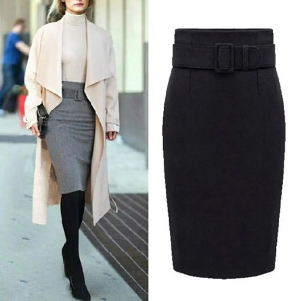 New Green Wool Wrap Skirt High Waist Bodycon Vintage Office Pencil Skirt For Women Back Zipper Slit Midi Skirt