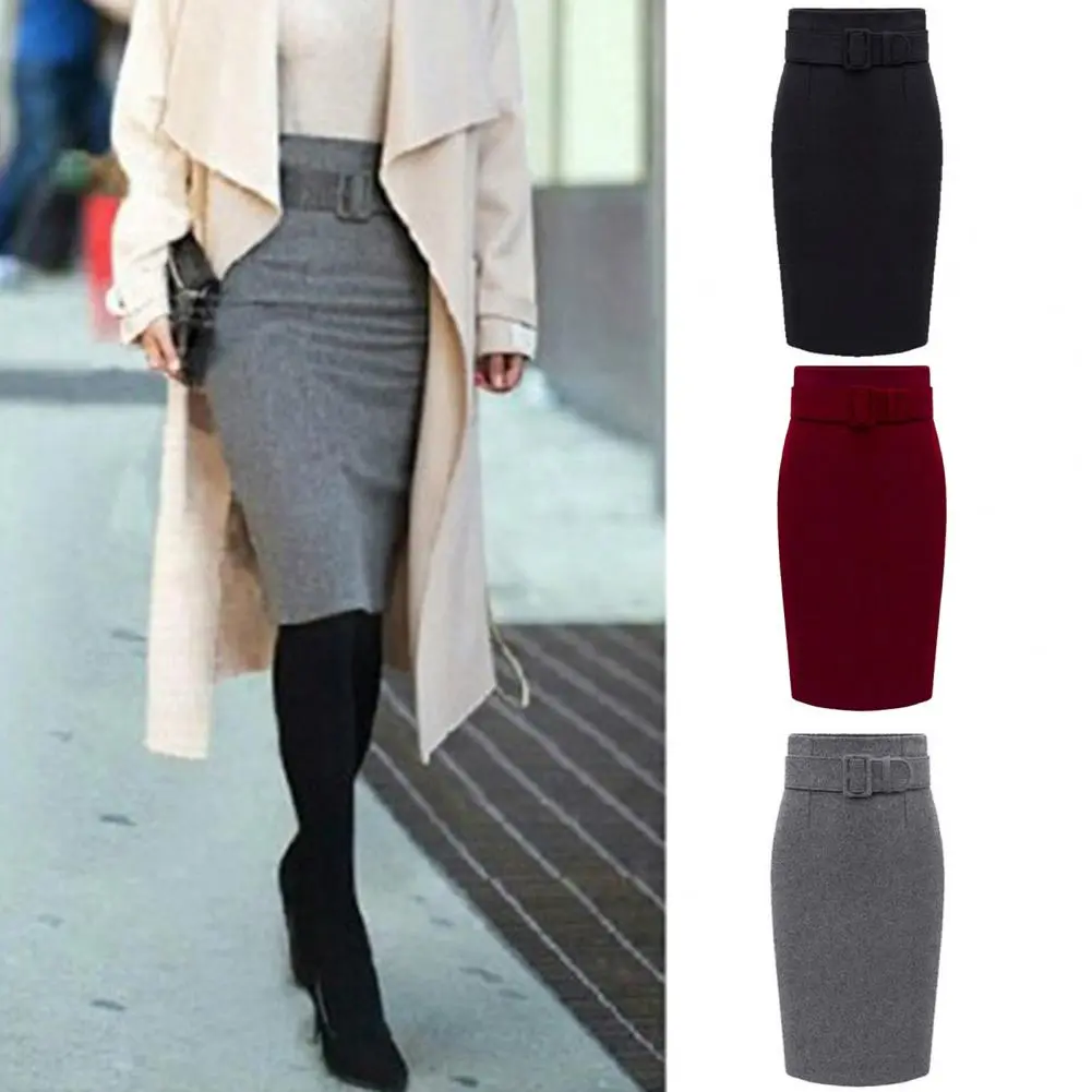 New Green Wool Wrap Skirt High Waist Bodycon Vintage Office Pencil Skirt For Women Back Zipper Slit Midi Skirt