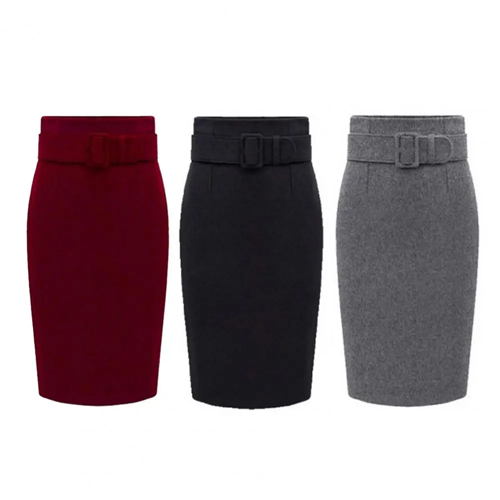 New Green Wool Wrap Skirt High Waist Bodycon Vintage Office Pencil Skirt For Women Back Zipper Slit Midi Skirt