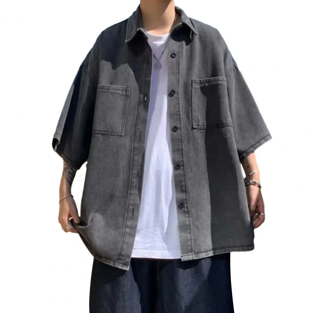 Men Casual Short-sleeve Shirt Stylish Men's Denim Button-down Shirt with Chest Pockets for Summer Daily Wear for Street for Men