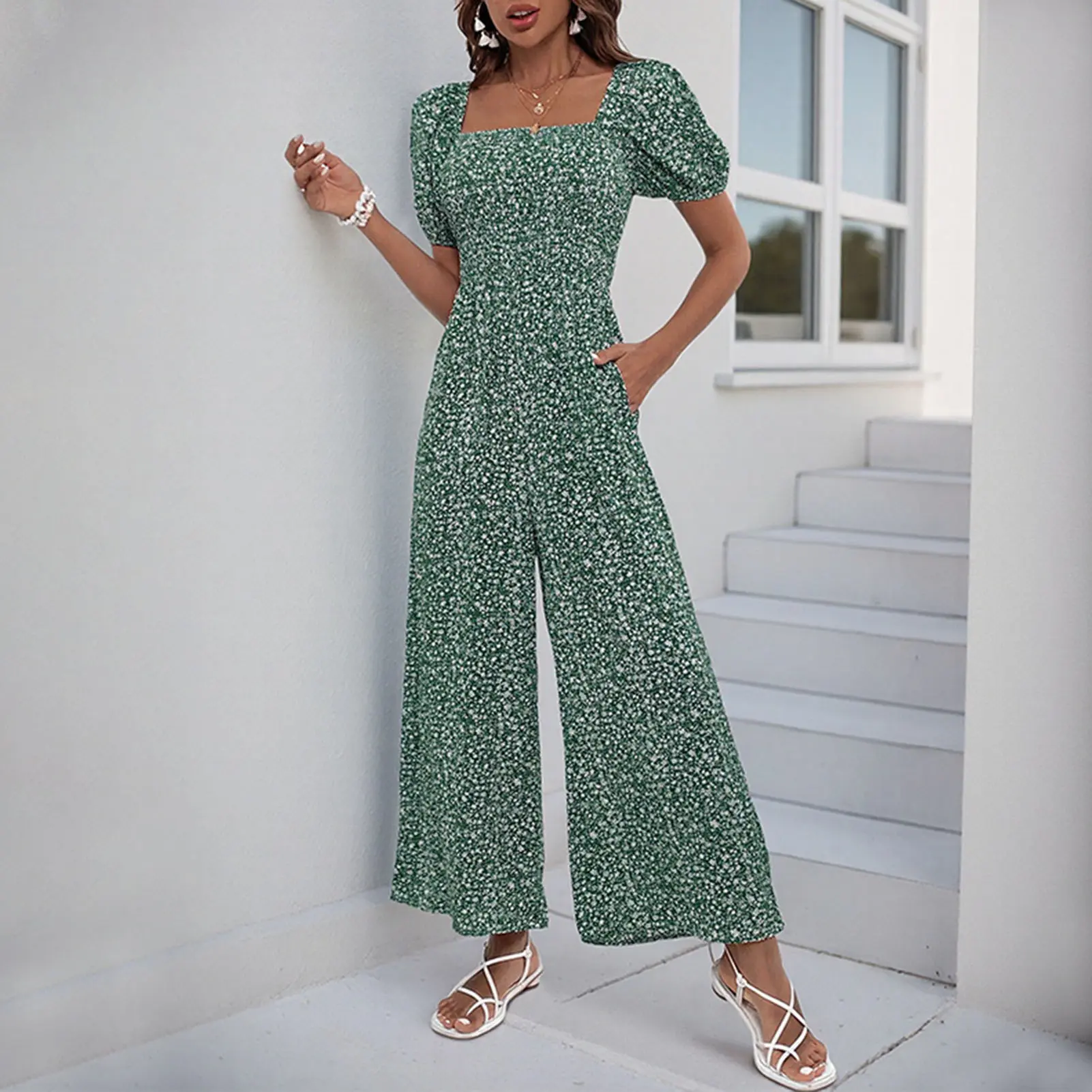 Elastic Waist Jumpsuit Stylish Women's Floral Print Jumpsuits V-neck Romper Elastic High Waist Wide-leg Pants for Summer Beach